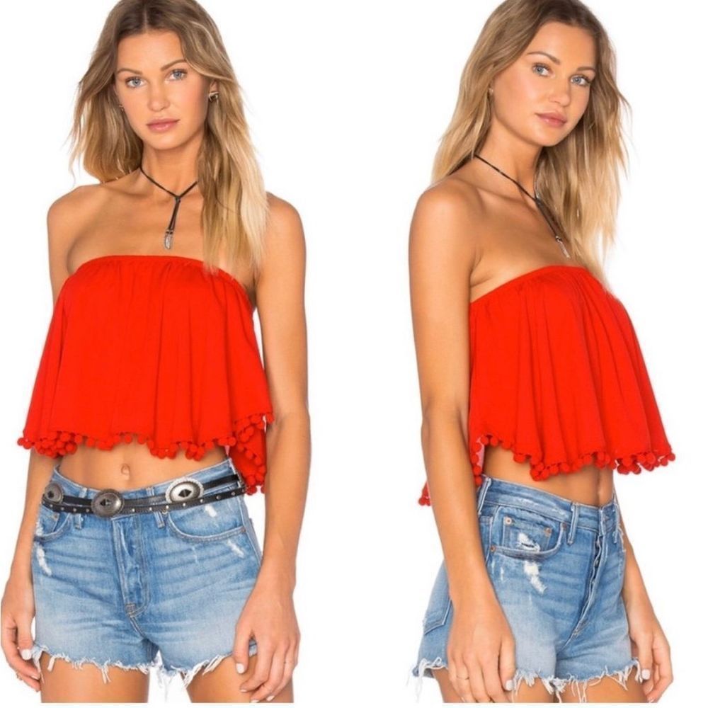 Show Me Your MuMu Red Strapless Pom Pom Crop Top